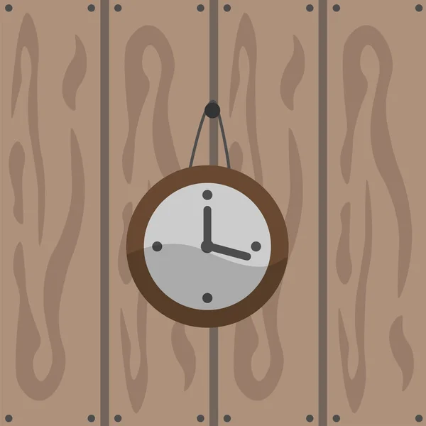 Un reloj de pared sobre un fondo de madera marrón. Un reloj redondo. Ilustración vectorial . — Vector de stock