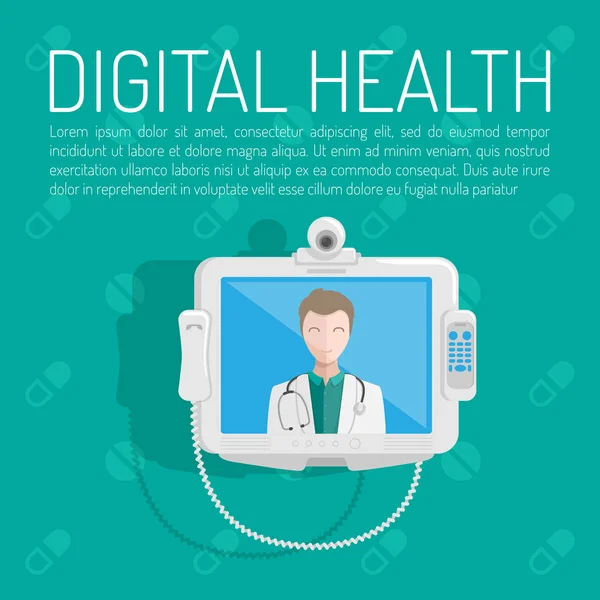 Digital health horizontal banner set with medicine elements on a blue background. Vector illustration — Stock Vector