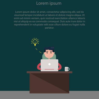 Genç oturan ve dizüstü bilgisayarda çalışan adam. Serbest çalışma, ev ofis kavramı. Vektör çizim.