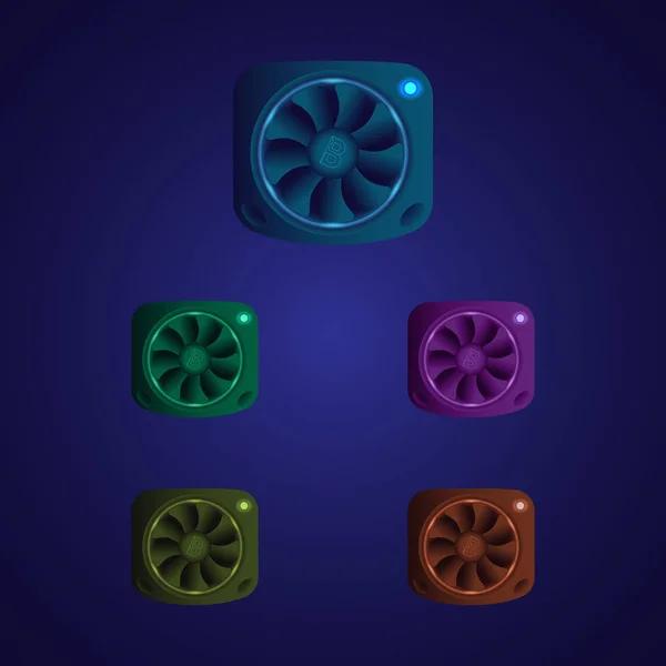 Conjunto de enfriadores de computadora multicolores sobre un fondo azul oscuro. Concepto electrónico. Ilustración vectorial . — Vector de stock