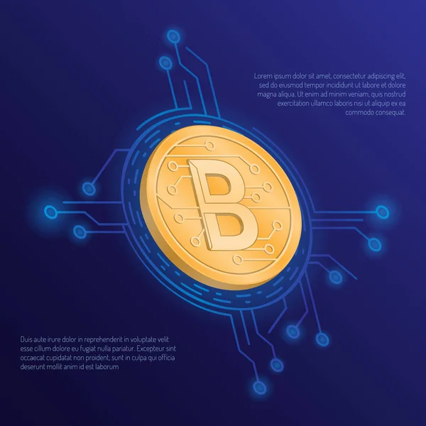 Ein goldener Bitcoin auf dunkelblauem Hintergrund mit Mikrochips und Text. Kryptowährung Bitcoin. Vektorillustration. — Stockvektor