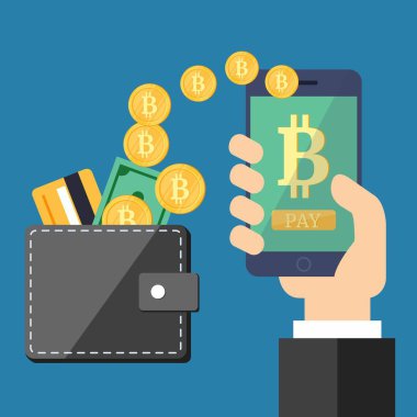 Bir el bir telefon ve deri cüzdan ile mavi bir arka plan üzerinde altın sikke. Vektör altın bitcoin para kavramı.