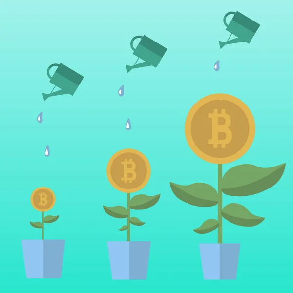 Bitcoin dinero flores conjunto con latas de riego. Plantas decorativas en macetas sobre fondo azul. Ilustración vectorial . — Vector de stock