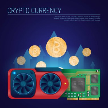 Bir izometrik düz vektör bitcoins ile detaylı video grafik kartı. Cryptocurrency video kartı ve para kavramı.