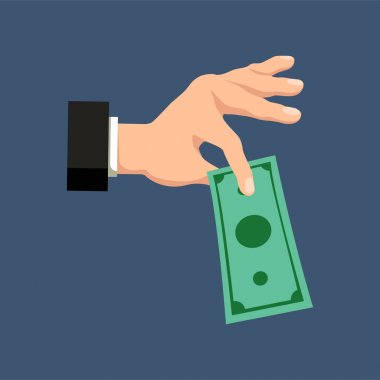 Dolar para koyu mavi bir arka plan üzerinde tutan bir el. Ekonomi kavramı. Vektör çizim.