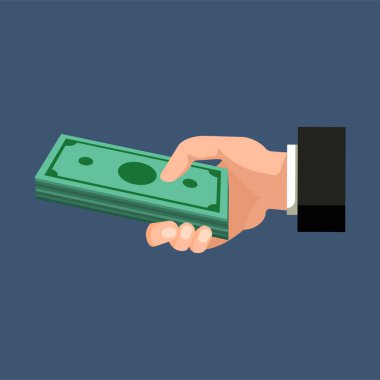 Dolar para koyu mavi bir arka plan üzerinde tutan bir el. Ekonomi kavramı. Vektör çizim.