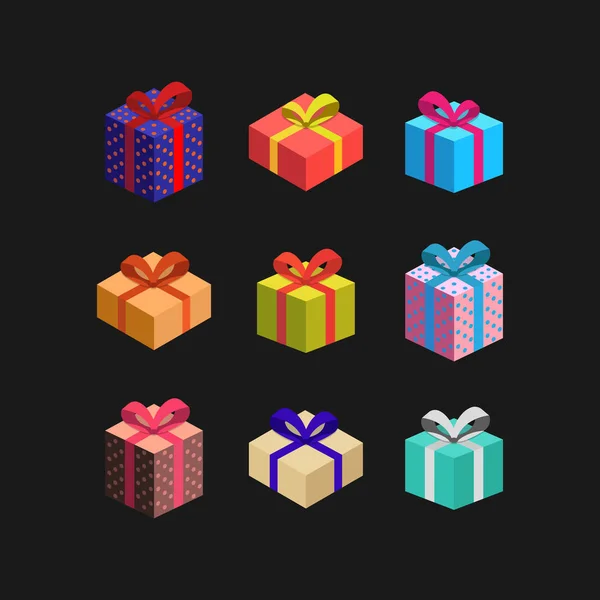 Um conjunto de caixas de presente multicoloridas com fitas em um fundo preto. Presentes para as férias. Ilustração vetorial . — Vetor de Stock