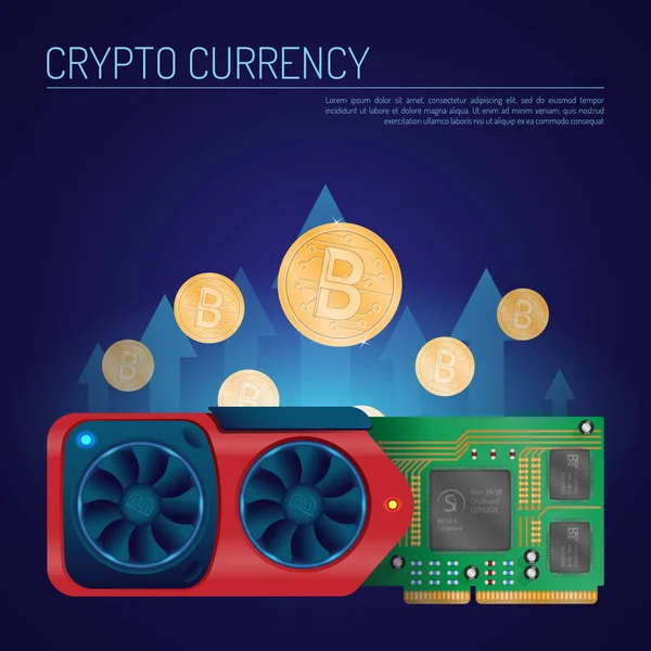 Bir izometrik düz vektör bitcoins ile detaylı video grafik kartı. Cryptocurrency video kartı ve para kavramı.