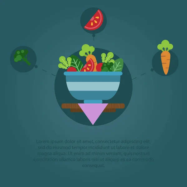 Salatgericht mit frischem Gemüse und Gemüse. Salat mit gemischten Gemüsescheiben auf grünem Hintergrund. Vektorillustration — Stockvektor