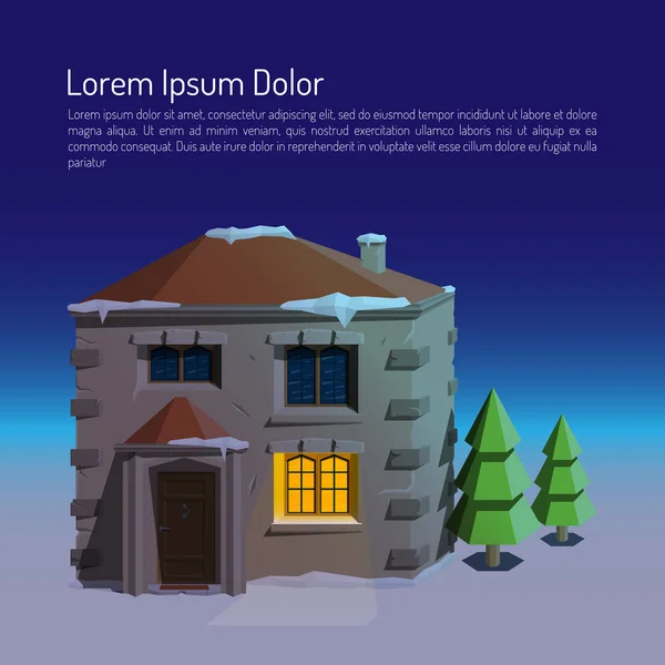 Platte winterlandschap met een middeleeuws huis en twee kerstbomen 's nachts. Gekleurde vectorillustratie. — Stockvector