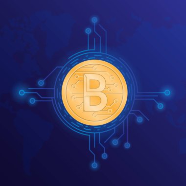 Bir altın bitcoin ve dünya haritası üzerinde mikroçip ve metin ile mavi arka plan. Kripto Döviz Alım bitcoin. Vektör çizim