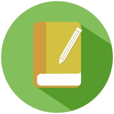 Beyaz arka plan üzerinde izole kalem yeşil bir daire içinde bir gerçekçi sarı kitap. Vektör simgesi.