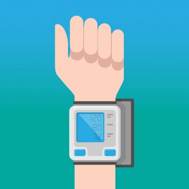 Dijital Tansiyon Aleti üstünde mavi bir arka plan üzerinde el kol bileği. Vektör çizim.
