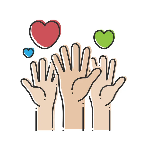 Drie handen met hart. Liefdadigheid palmen met gekleurde hartjes op een witte achtergrond. Vectorillustratie. — Stockvector