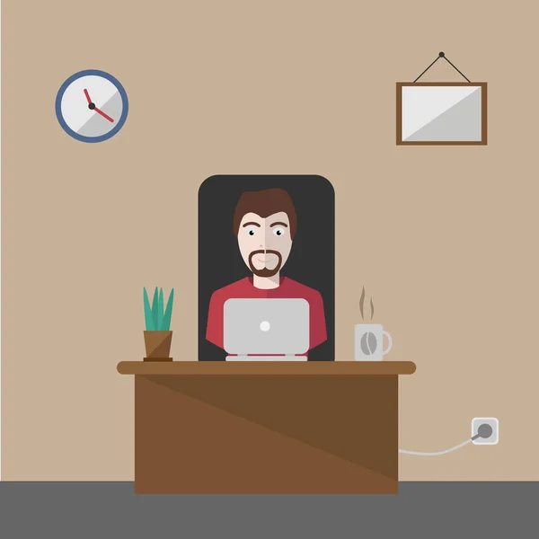 Jeune homme indépendant assis et travaillant sur un ordinateur portable. Travail indépendant, concept de bureau à domicile. Illustration vectorielle . — Image vectorielle