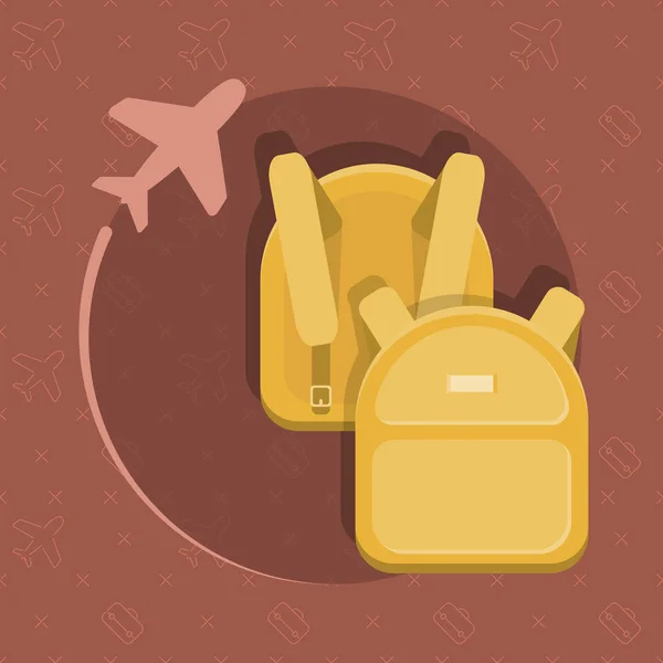 Ένα τσάντες ταξιδίου σε καφέ φόντο. Κίτρινο αποσκευές με ένα αεροπλάνο. Εικονογράφηση διάνυσμα. — Διανυσματικό Αρχείο