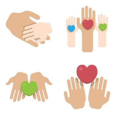 düz stil beyaz bir arka plan üzerinde izole kalp simgesi ile el kümesi. Avuç içi renkli kalpler. Vektör çizim.