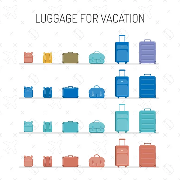 Ένα σύνολο από πολύχρωμα αποσκευών διαφόρων μεγεθών για διακοπές, απομονώνονται σε λευκό φόντο. Εικονογράφηση διάνυσμα. — Διανυσματικό Αρχείο