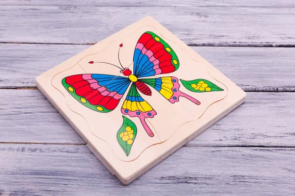 Educational Ecological Wooden Toy Children Colorful Butterfly Light Wooden Background — Stock Photo, Image