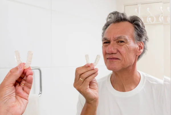 Man Examine His Night Guard Front Mirror — Stock Photo, Image