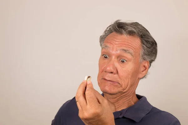 Senior Man Holding Vitamins Medication His Hand Contemplating Whether Take — Stock Photo, Image