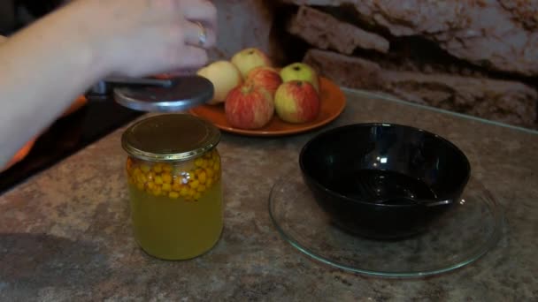 Girl makes compote — Stock Video