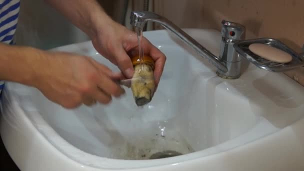 Man cleaning mushrooms — Stock Video