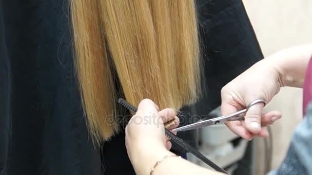 Mester teszi a lány frizuráját. Fodrász folyamat — Stock videók