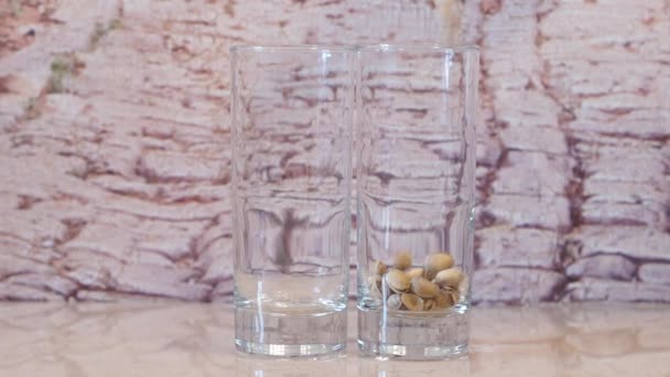 Pimpernoten (pistaches). Gieten pimpernoten (pistaches). Pistache noten vallen in glas — Stockvideo
