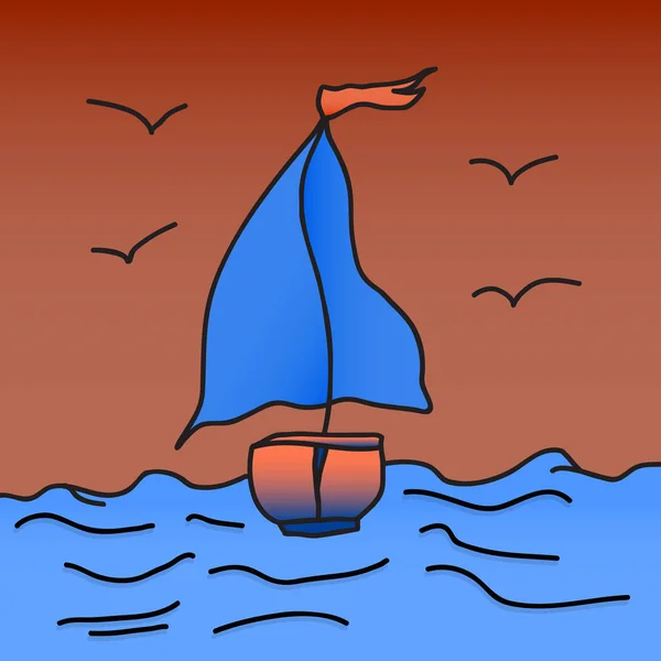 Loď s šarlatovou plachtami pluje na vlnách. Vektorové ilustrace. Ruční kresba. — Stockový vektor