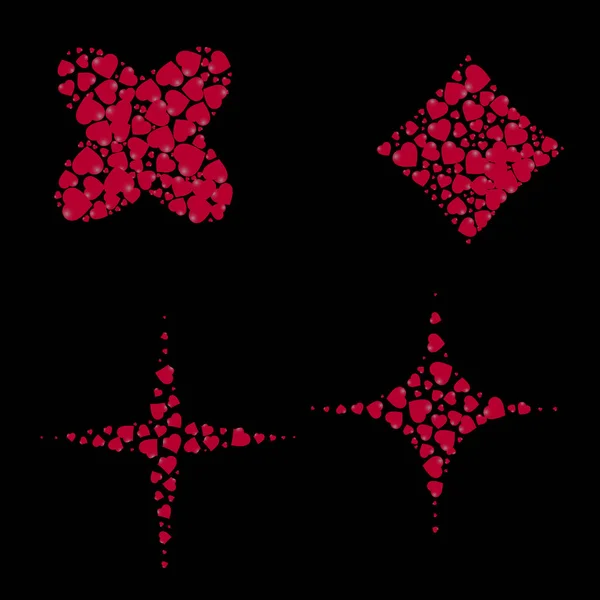 Геометрические фигуры, заполненные сердцами на черном фоне. Ромб, звезда. Векторная иллюстрация — стоковый вектор