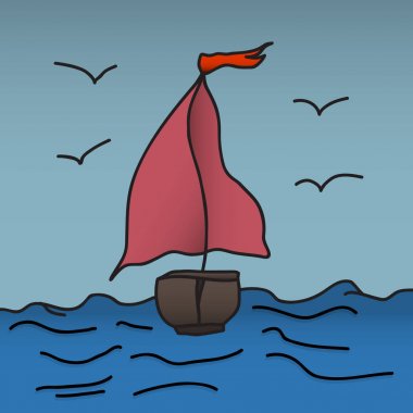 scarlet yelkenli gemi dalgalar üzerinde yüzüyor. Vektör çizim. El ile çizim.