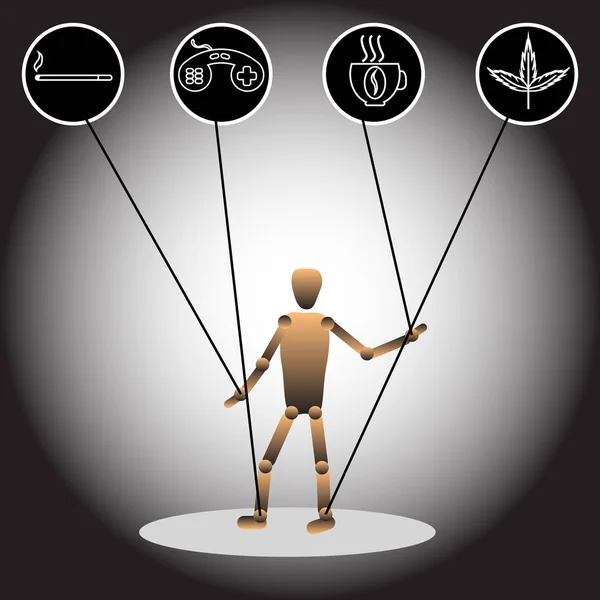 La imagen de una marioneta y los iconos, que simbolizan las dependencias. Ilustración vectorial — Vector de stock