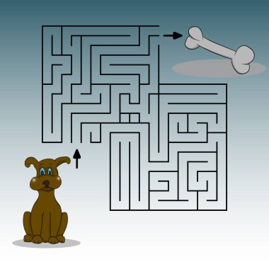 bir köpek, bir kemik ve bir labinet gösteren resim. Köpeği bulmak için yardım yolu. Vektör grafikleri. El çizimi