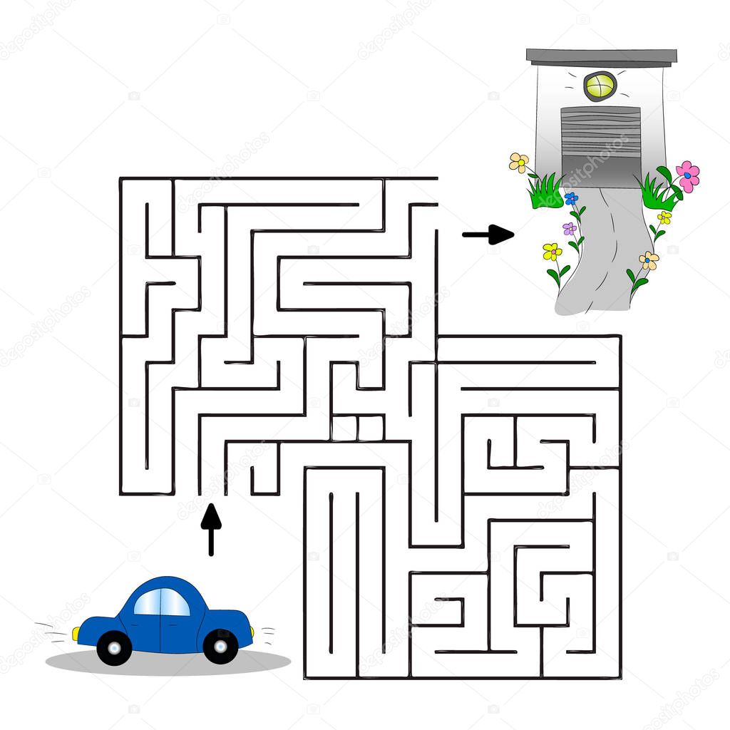 Children s illustration with a car, garage and labyrinth. Help the car find its way to the garage. Vector graphics. Hand drawing
