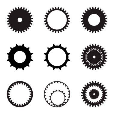 Gears'ı kümesi. Beyaz bir arka plan üzerinde siyah siluetler. Vektör grafikleri