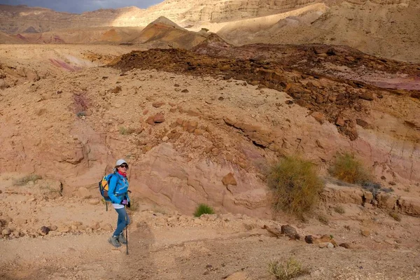 Senderista solo en caminata escénica en el desierto de Negev . —  Fotos de Stock