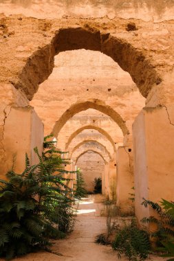 Fas 'taki Meknes Kraliyet Ahırları' nın eski yıkılmış kemerleri..