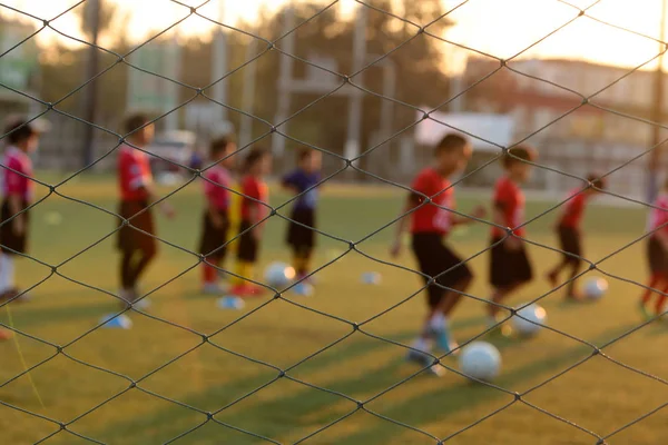 Hämärtynyt kuva nuorten koulutus jalkapallo jalkapallokentällä. Urheilukäsite . — kuvapankkivalokuva