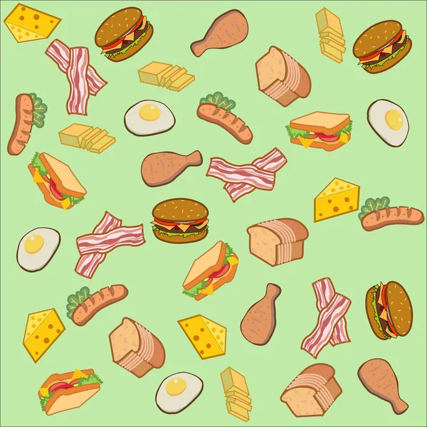 Vector van Amerikaanse food and breakfast in cartoon stijl voor achtergrond of behang. Groep van gebakken ei, worst, hamburger, brood, bacon, boter, kaas, broodje, gebakken kip voor achtergrond — Stockvector