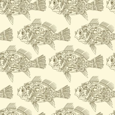 Steampunk mekanik balık dikişsiz vektör deseni. Metal balık ve dişliler, fındık, vida ve mekanizmalar ile Vintage arka plan. Kahverengi ve bej renklerde makine yaratık tasarım dokusu