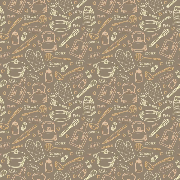 Cocina cocinar vector patrón sin costuras. Elementos de cocina fondo en estilo de boceto. Textura de diseño de cocina en colores marrón y beige — Vector de stock