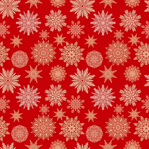 Copos de nieve vector patrón sin costura. Navidad o año nuevo fondo rojo con copos de nieve blancos y dorados. Textura invernal para postales y diferentes decoraciones de diseño — Vector de stock
