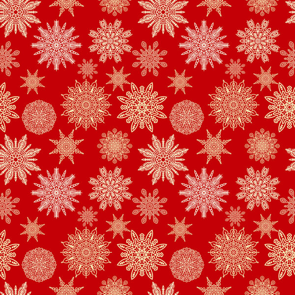Snowflakes vector seamless pattern. Christmas or new year red background with white and gold snowflakes. Winter texture for postcards and different design decorations