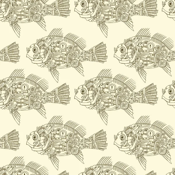 Steampunk peces mecánicos patrón de vectores sin costura. Fondo vintage con peces y engranajes metálicos, tuercas, tornillos y mecanismos. Diseño textura de la criatura de la maquinaria en colores de marrón y beige — Archivo Imágenes Vectoriales