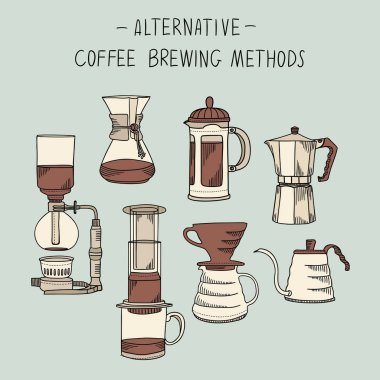 Alternatif kahve demleme yöntemleri illüstrasyon seti. Vektör percolators, tencere ve su ısıtıcıları kroki tarzında toplama. Kafe menü infografik için el çizilmiş tasarım elemanları
