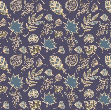 Sonbahar vektör dikişsiz desen bırakır. Mavi ve bej renklerde Botanik arka plan. Doodle tarzında Twilight el çizilmiş tasarım dokusu