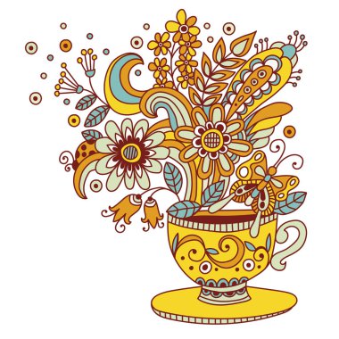 Çiçek fincanvektör illüstrasyon. Çiçek dekorasyonlu çay veya kahve bardağı. Farklı tasarım için süs fincanı sanat el çizilmiş doodle çiçekler, yapraklar, kelebekler ve gökkuşağı