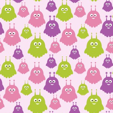 Tatlı yabancılar vektör sorunsuz desen. El çizilmiş komik canavarlar renkli arka plan. Pembe, mor ve yeşil renklerde sevimli karikatür yaratıklar doku