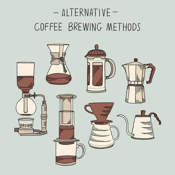 Métodos alternativos de elaboración de café set de ilustración. Colección de filtros vectoriales, ollas y teteras en estilo sketch. Elementos de diseño dibujados a mano para la infografía de menú de café — Vector de stock